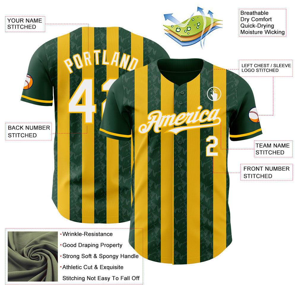 Custom Green White-Gold Classic Vertical Stripe Fluid Liquid Texture Authentic Baseball Jersey view 3