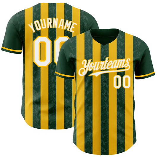 Custom Green White-Gold Classic Vertical Stripe Fluid Liquid Texture Authentic Baseball Jersey - Main View