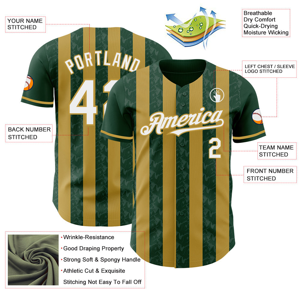 Custom Green White-Old Gold Classic Vertical Stripe Fluid Liquid Texture Authentic Baseball Jersey view 3