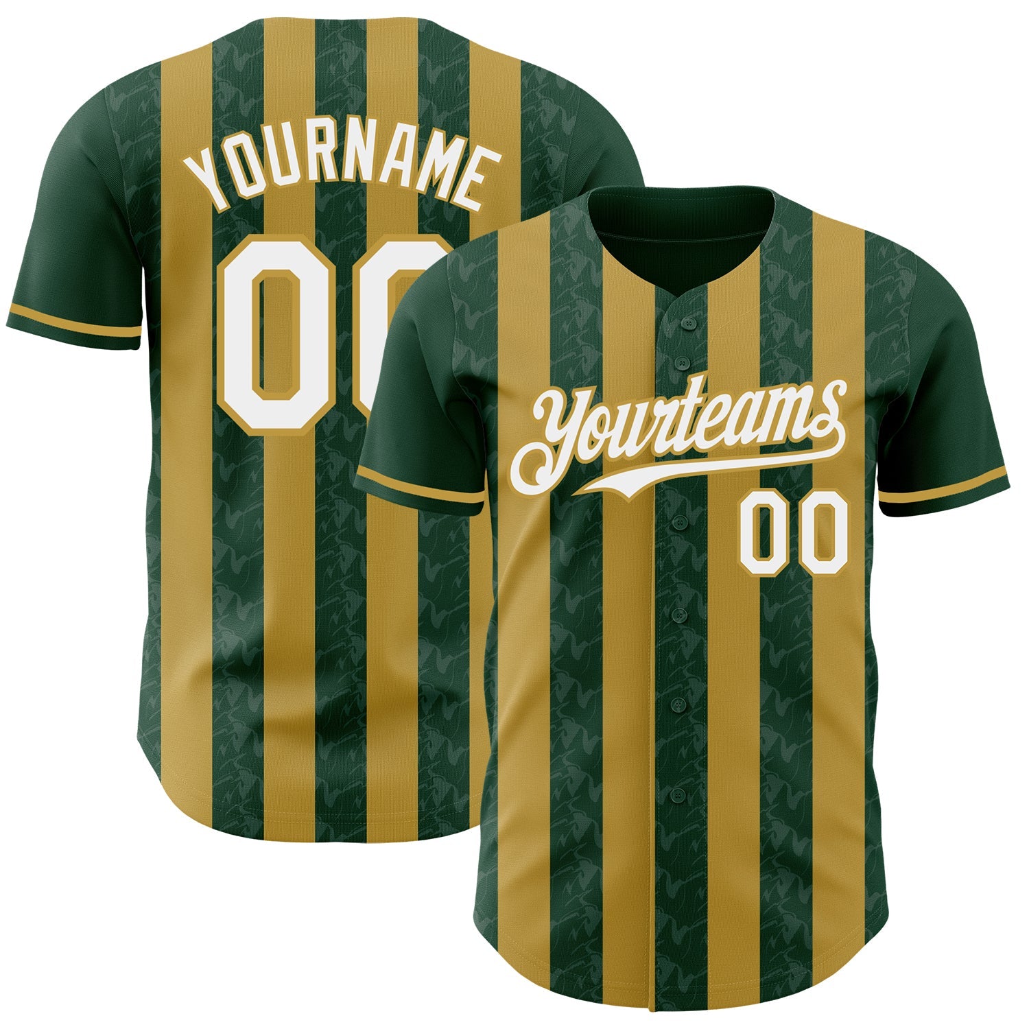 Custom Green White-Old Gold Classic Vertical Stripe Fluid Liquid Texture Authentic Baseball Jersey - Main View