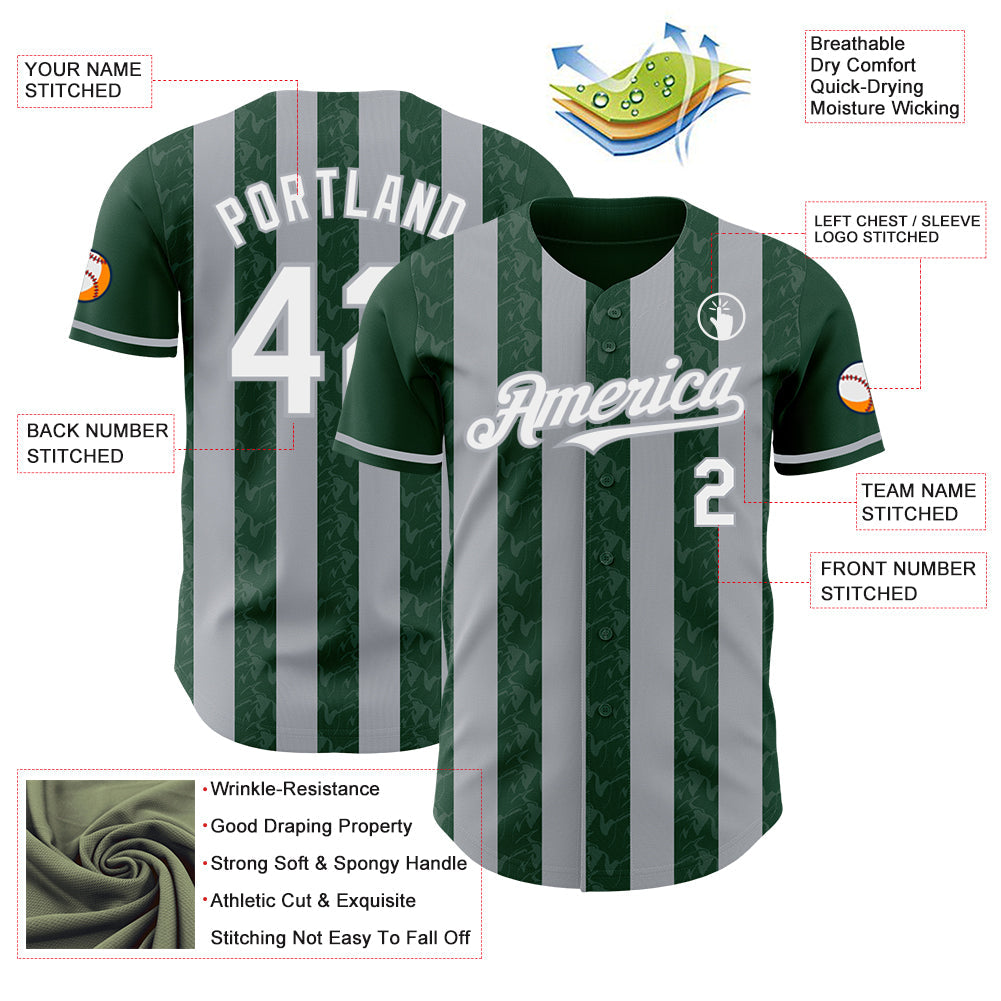 Custom Green White-Gray Classic Vertical Stripe Fluid Liquid Texture Authentic Baseball Jersey view 3
