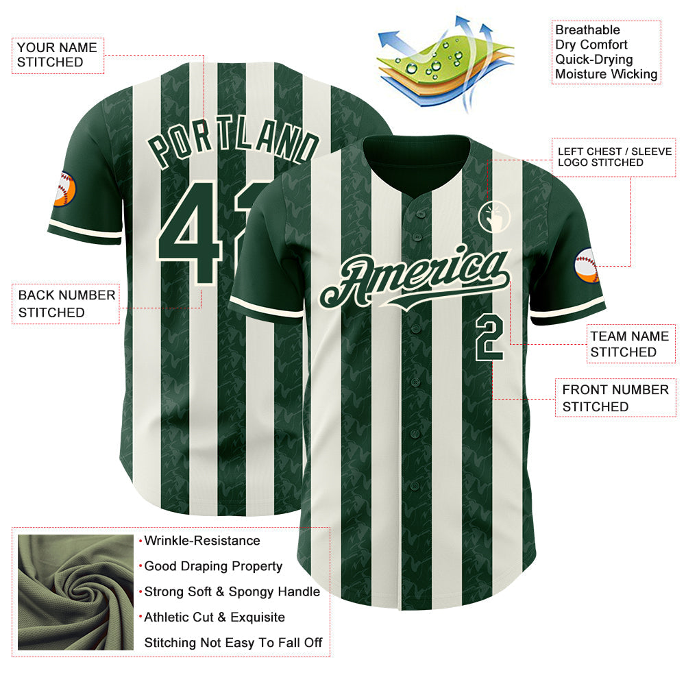 Custom Green Cream-Cream Classic Vertical Stripe Fluid Liquid Texture Authentic Baseball Jersey view 3