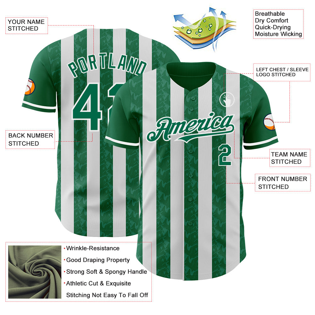 Custom Kelly Green-White Classic Vertical Stripe Fluid Liquid Texture Authentic Baseball Jersey view 3