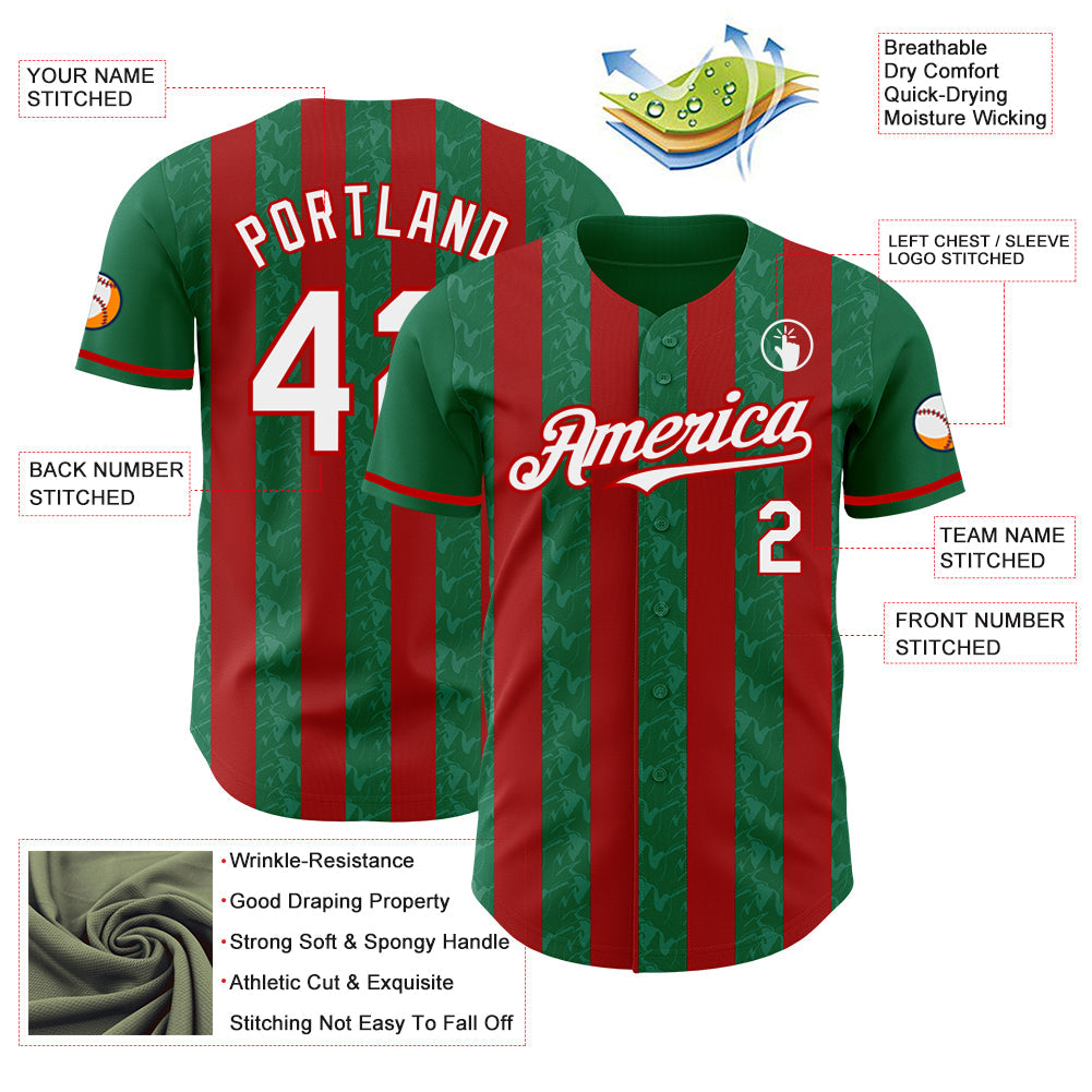 Custom Kelly Green White-Red Classic Vertical Stripe Fluid Liquid Texture Authentic Baseball Jersey view 3