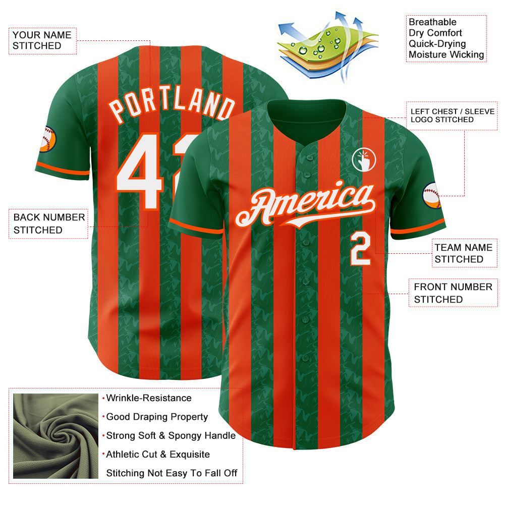 Custom Kelly Green White-Orange Classic Vertical Stripe Fluid Liquid Texture Authentic Baseball Jersey view 3
