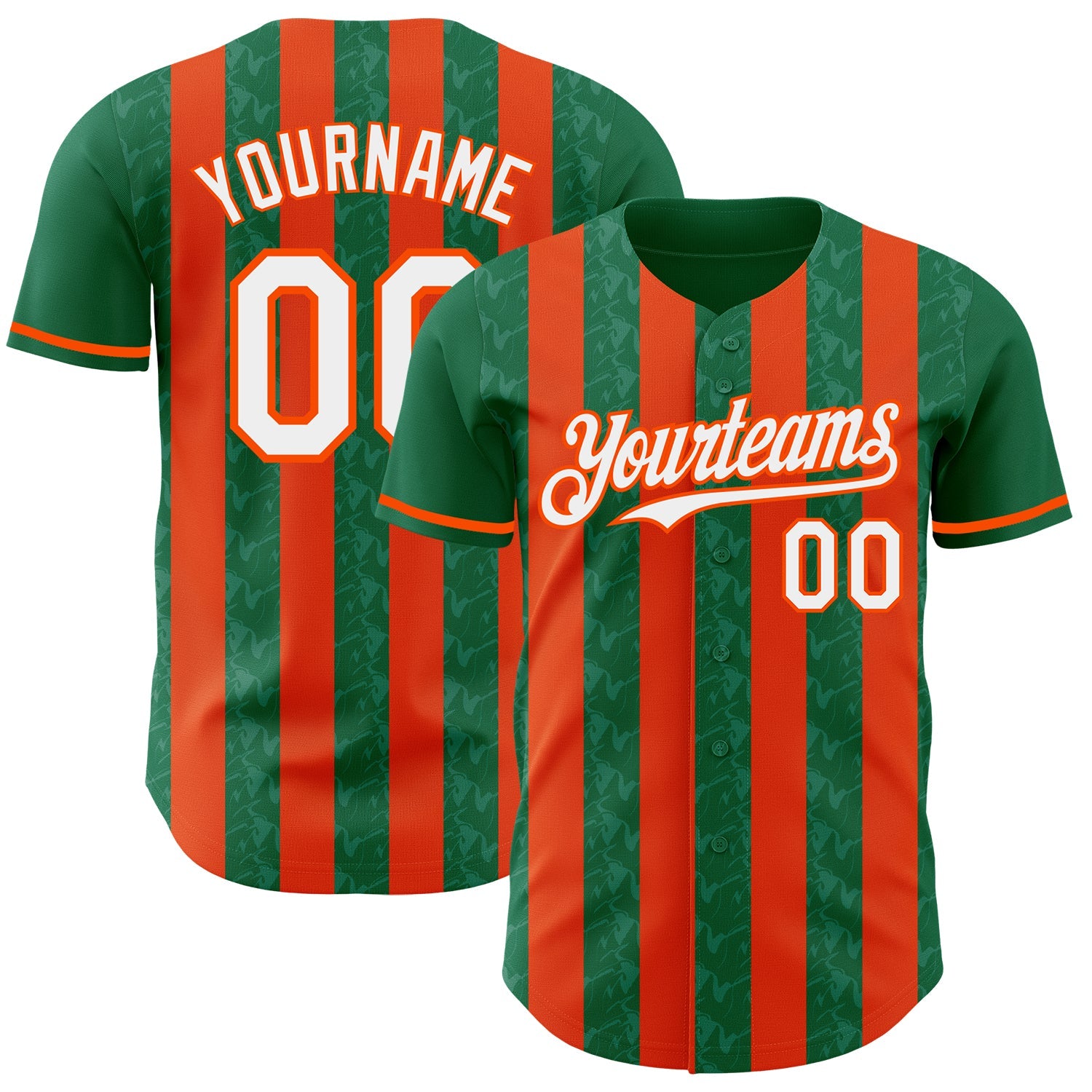 Custom Kelly Green White-Orange Classic Vertical Stripe Fluid Liquid Texture Authentic Baseball Jersey - Main View