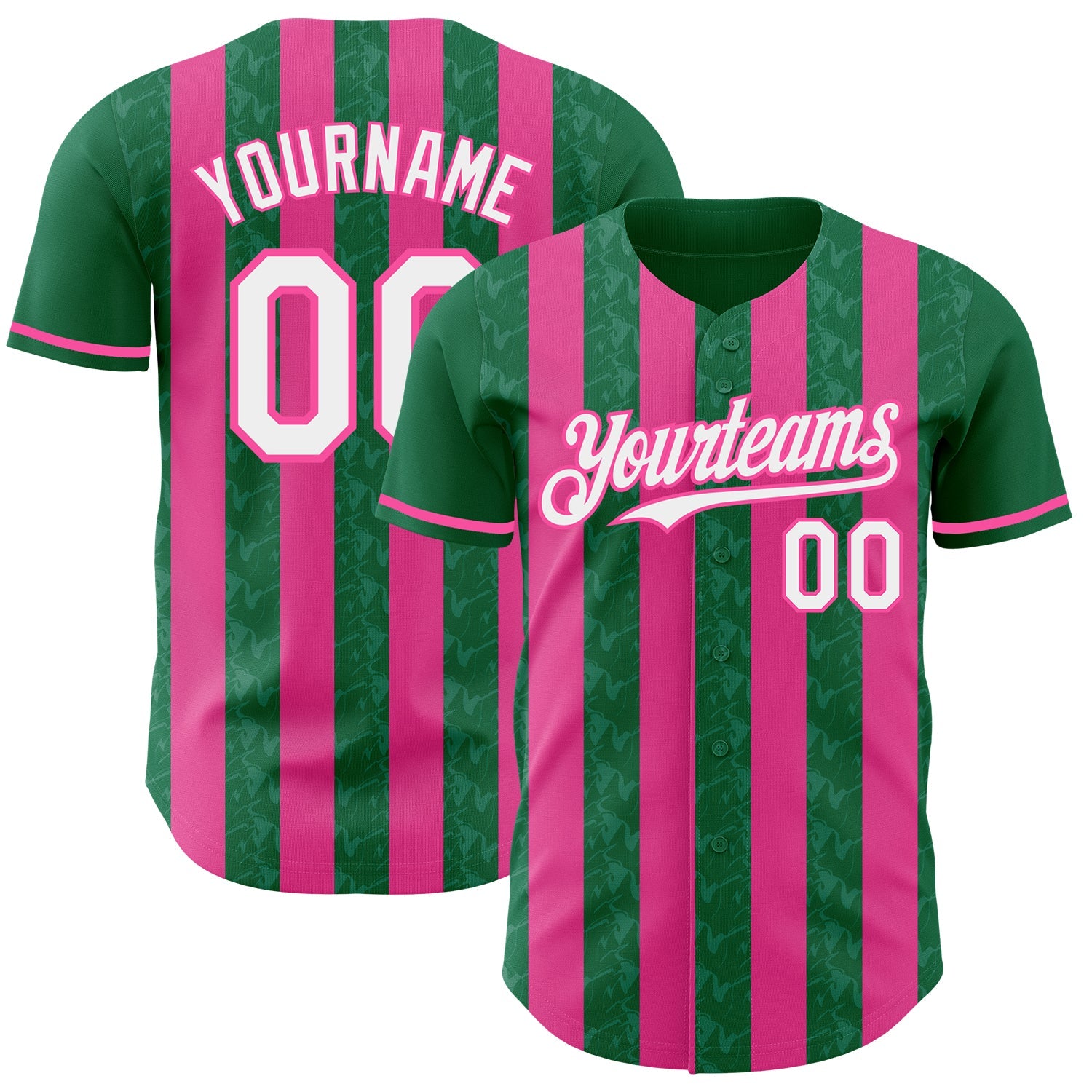 Custom Kelly Green White-Pink Classic Vertical Stripe Fluid Liquid Texture Authentic Baseball Jersey - Main View