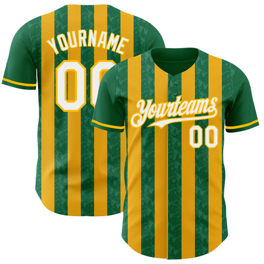 Custom Kelly Green White-Gold Classic Vertical Stripe Fluid Liquid Texture Authentic Baseball Jersey - Main View