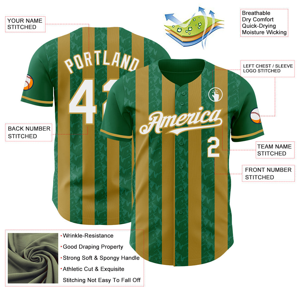 Custom Kelly Green White-Old Gold Classic Vertical Stripe Fluid Liquid Texture Authentic Baseball Jersey view 3