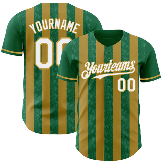 Custom Kelly Green White-Old Gold Classic Vertical Stripe Fluid Liquid Texture Authentic Baseball Jersey - Main View