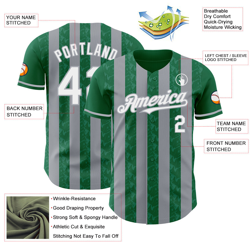 Custom Kelly Green White-Gray Classic Vertical Stripe Fluid Liquid Texture Authentic Baseball Jersey view 3