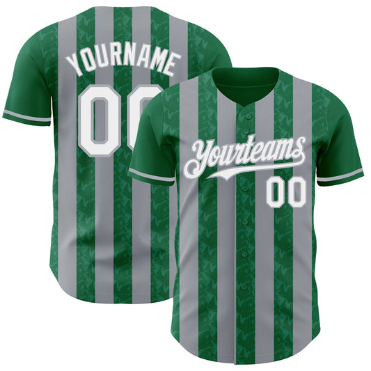 Custom Kelly Green White-Gray Classic Vertical Stripe Fluid Liquid Texture Authentic Baseball Jersey - Main View