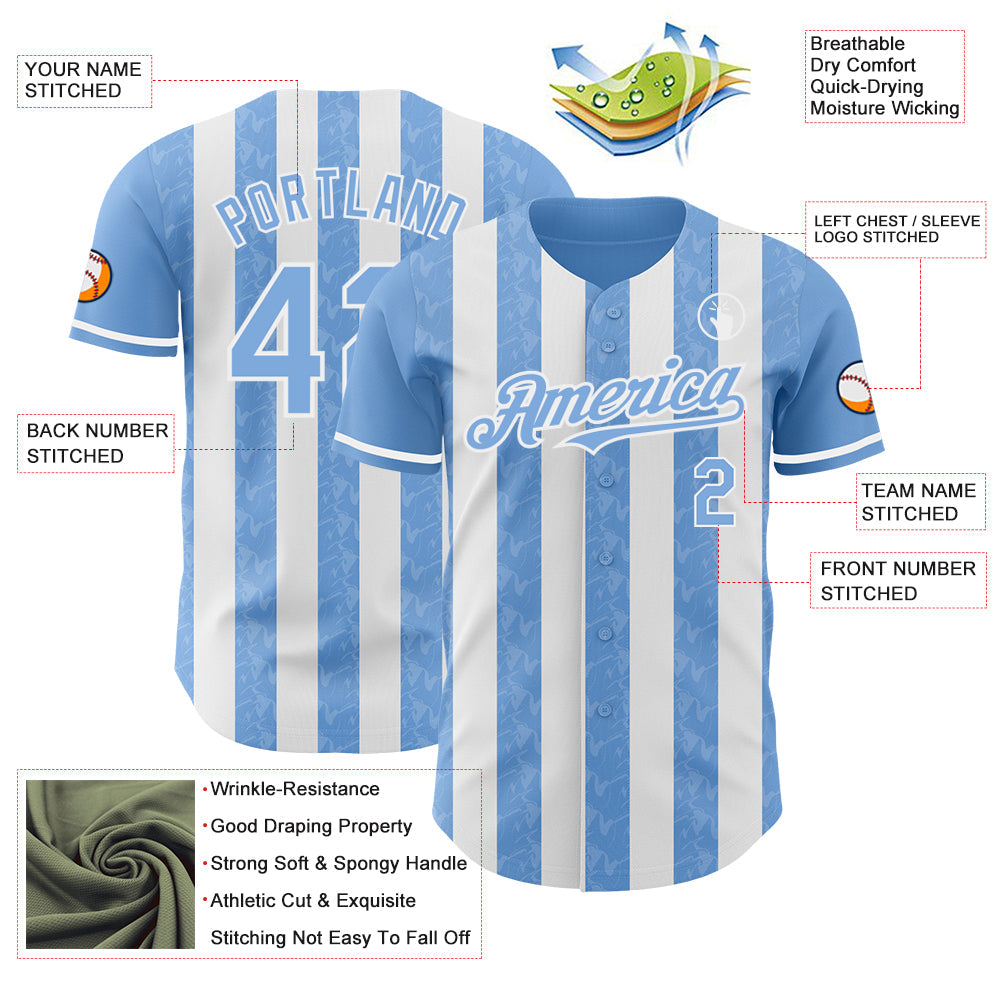 Custom Light Blue-White Classic Vertical Stripe Fluid Liquid Texture Authentic Baseball Jersey view 3