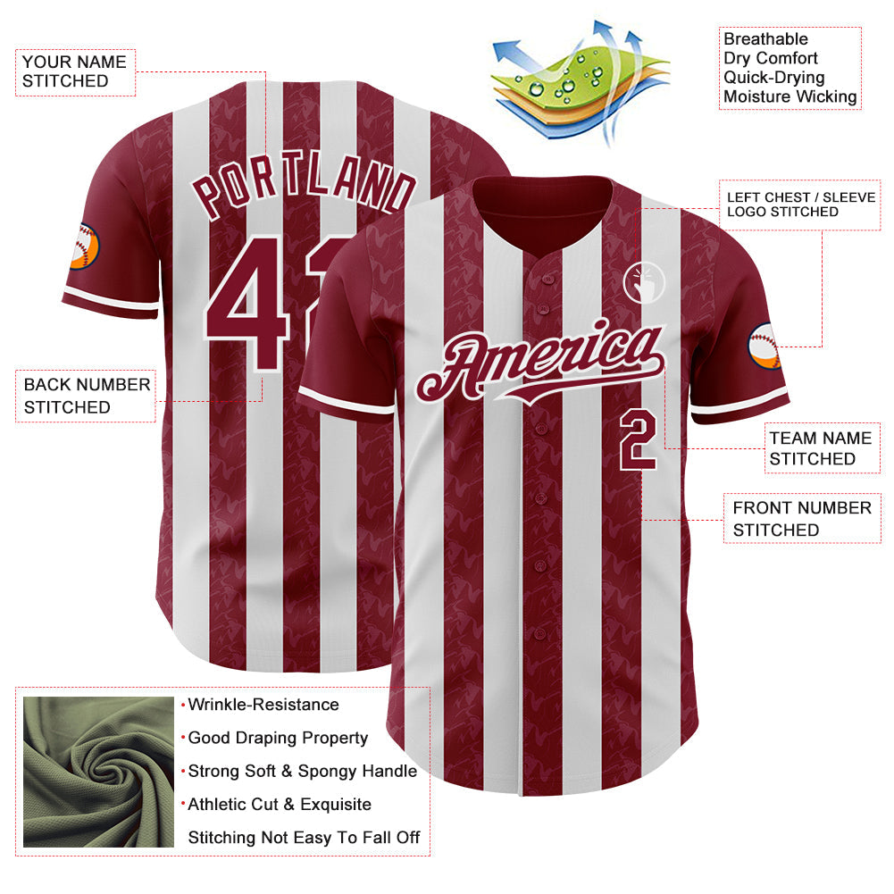 Custom Crimson-White Classic Vertical Stripe Fluid Liquid Texture Authentic Baseball Jersey view 3