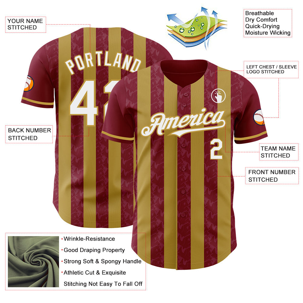 Custom Crimson White-Old Gold Classic Vertical Stripe Fluid Liquid Texture Authentic Baseball Jersey view 3