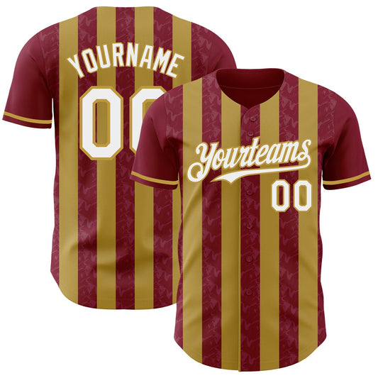 Custom Crimson White-Old Gold Classic Vertical Stripe Fluid Liquid Texture Authentic Baseball Jersey - Main View