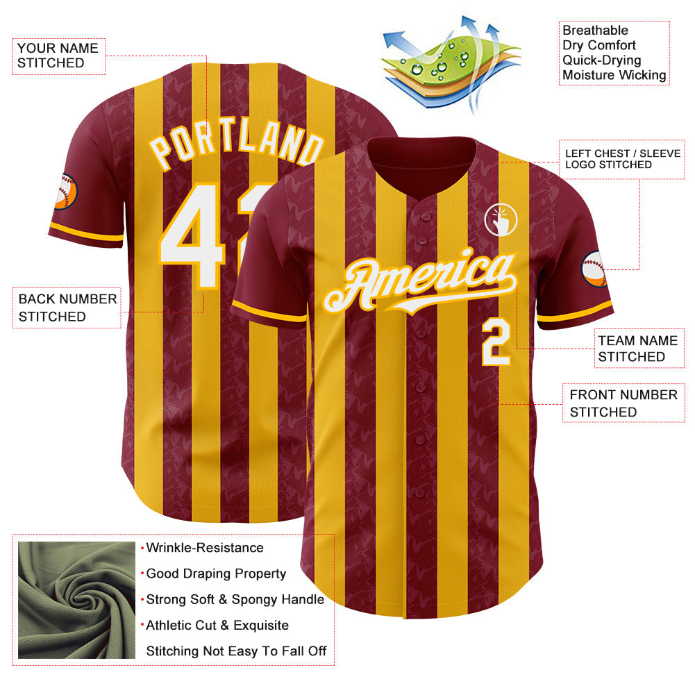 Custom Crimson White-Gold Classic Vertical Stripe Fluid Liquid Texture Authentic Baseball Jersey view 3