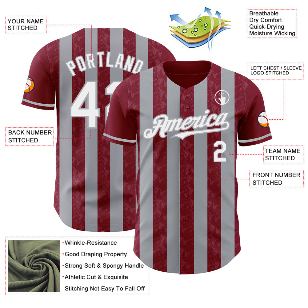Custom Crimson White-Gray Classic Vertical Stripe Fluid Liquid Texture Authentic Baseball Jersey view 3