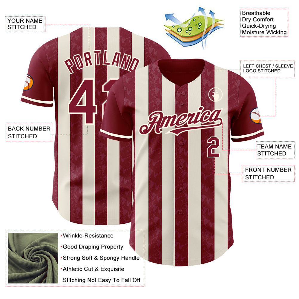 Custom Crimson Cream-Cream Classic Vertical Stripe Fluid Liquid Texture Authentic Baseball Jersey view 3