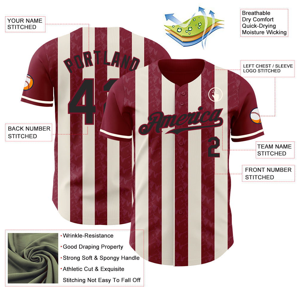 Custom Crimson Black-Cream Classic Vertical Stripe Fluid Liquid Texture Authentic Baseball Jersey view 3