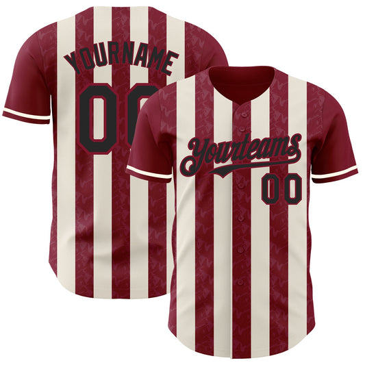 Custom Crimson Black-Cream Classic Vertical Stripe Fluid Liquid Texture Authentic Baseball Jersey - Main View