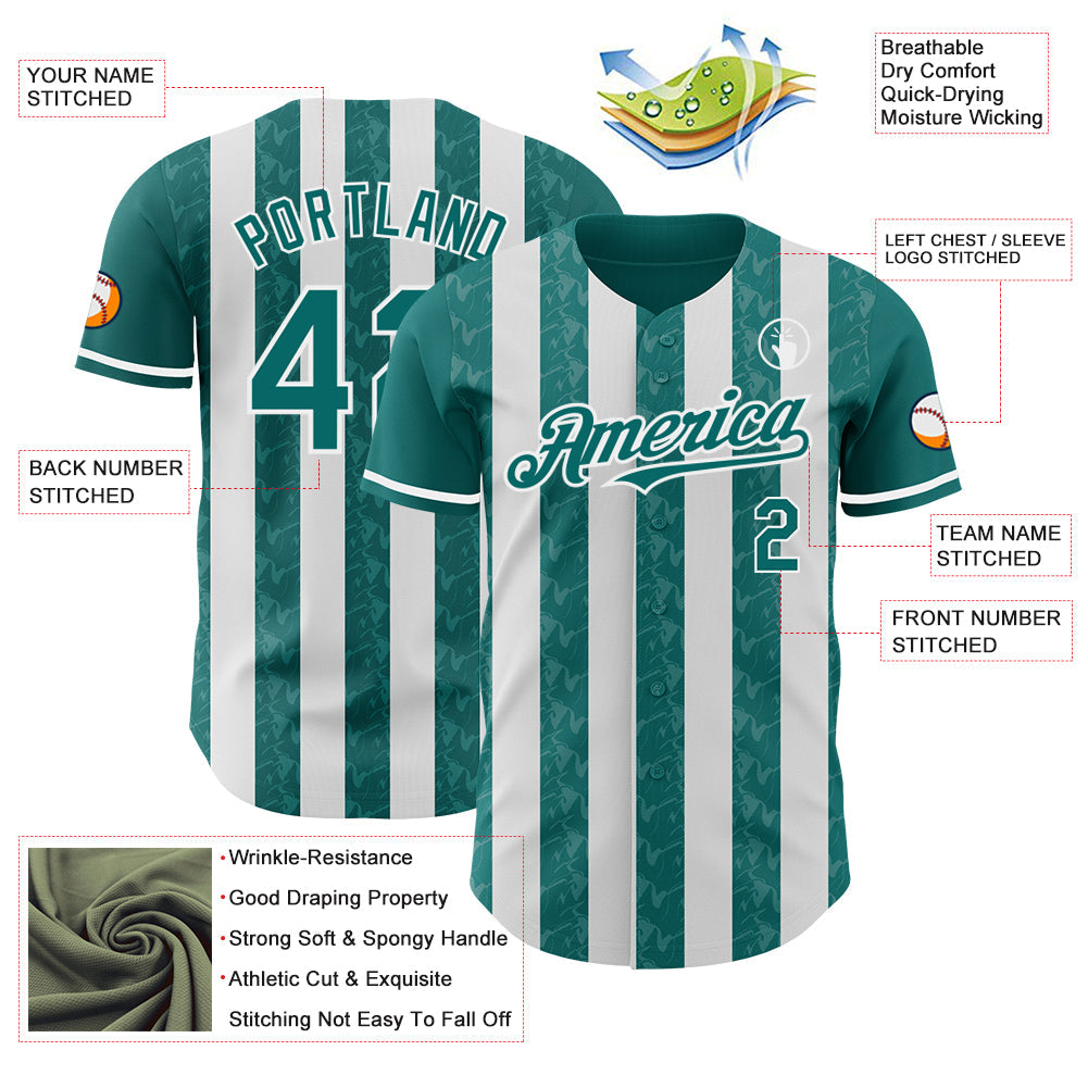 Custom Teal-White Classic Vertical Stripe Fluid Liquid Texture Authentic Baseball Jersey view 3