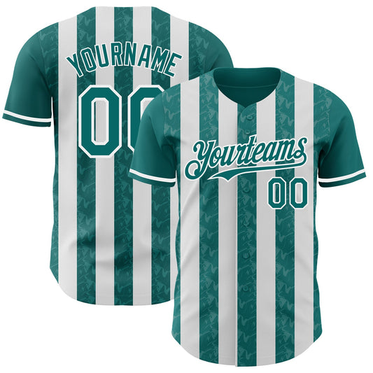Custom Teal-White Classic Vertical Stripe Fluid Liquid Texture Authentic Baseball Jersey - Main View