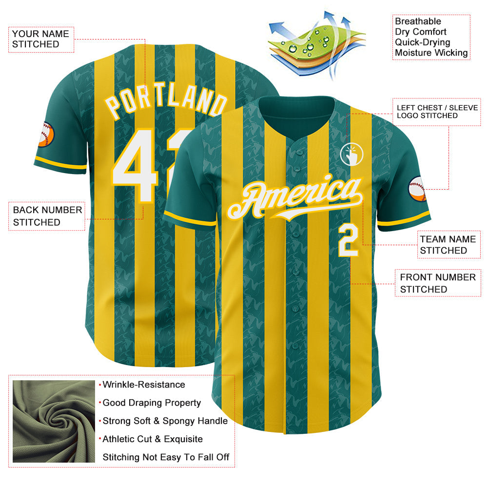 Custom Teal White-Yellow Classic Vertical Stripe Fluid Liquid Texture Authentic Baseball Jersey view 3