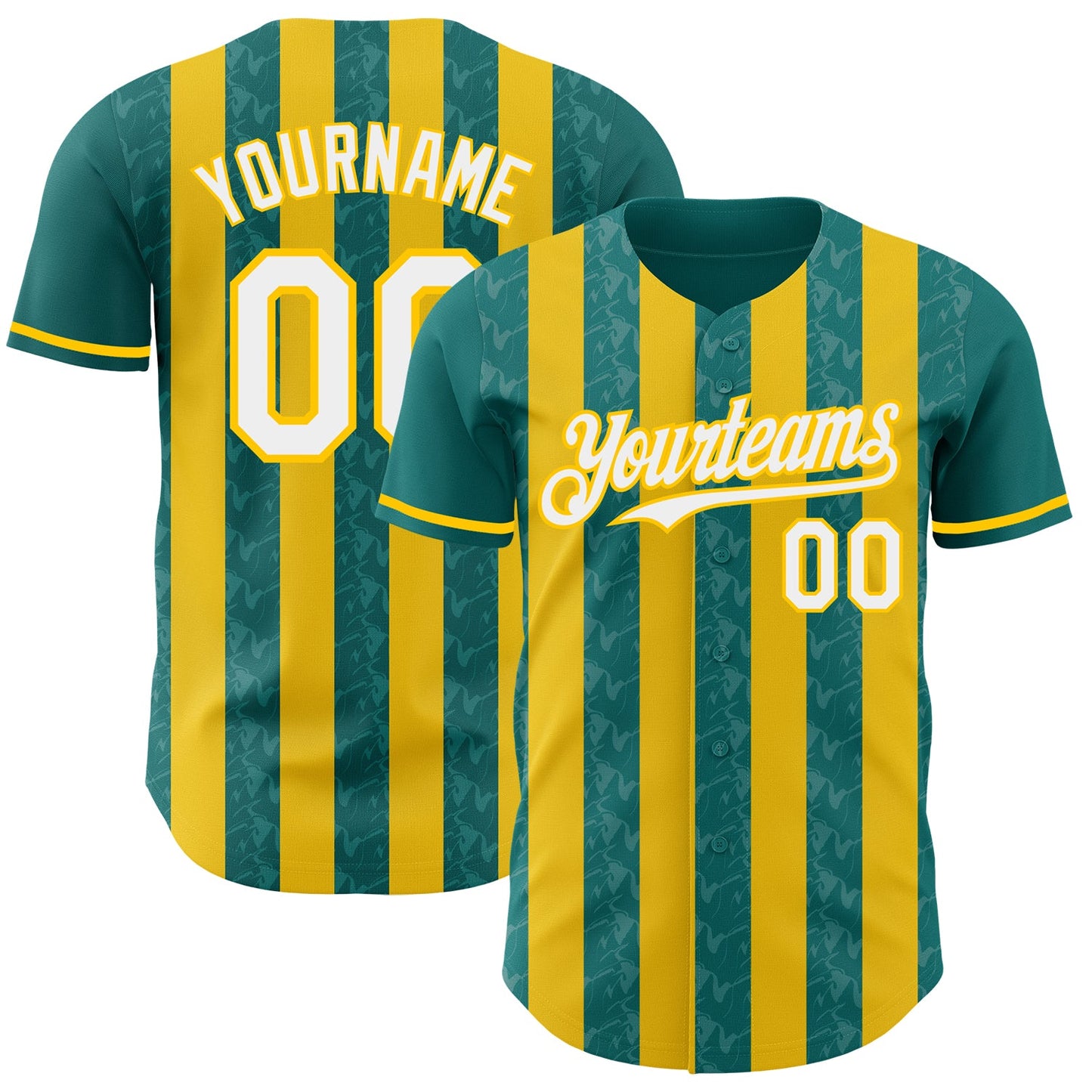 Custom Teal White-Yellow Classic Vertical Stripe Fluid Liquid Texture Authentic Baseball Jersey - Main View