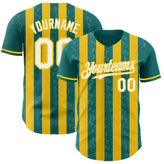 Custom Teal White-Yellow Classic Vertical Stripe Fluid Liquid Texture Authentic Baseball Jersey - Main View