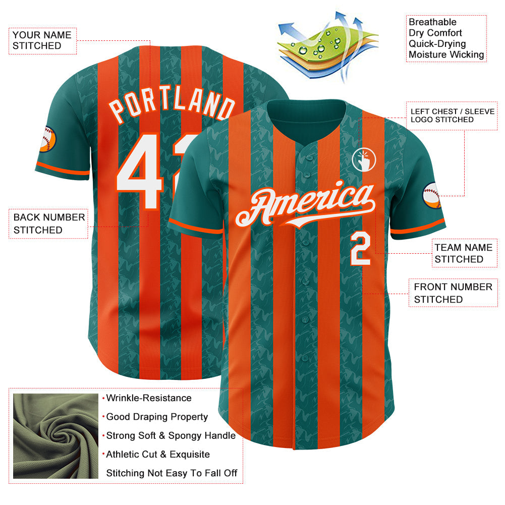 Custom Teal White-Orange Classic Vertical Stripe Fluid Liquid Texture Authentic Baseball Jersey view 3