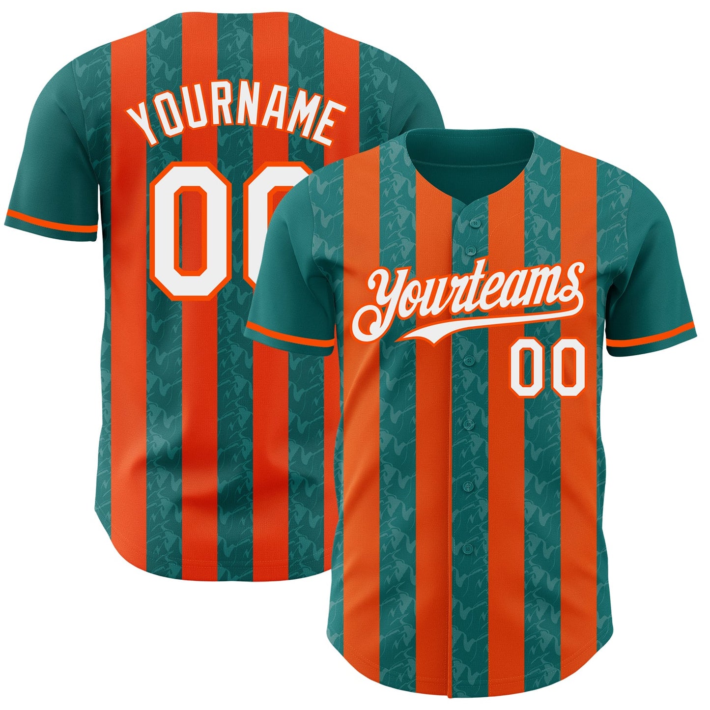 Custom Teal White-Orange Classic Vertical Stripe Fluid Liquid Texture Authentic Baseball Jersey - Main View