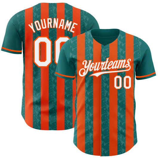Custom Teal White-Orange Classic Vertical Stripe Fluid Liquid Texture Authentic Baseball Jersey - Main View