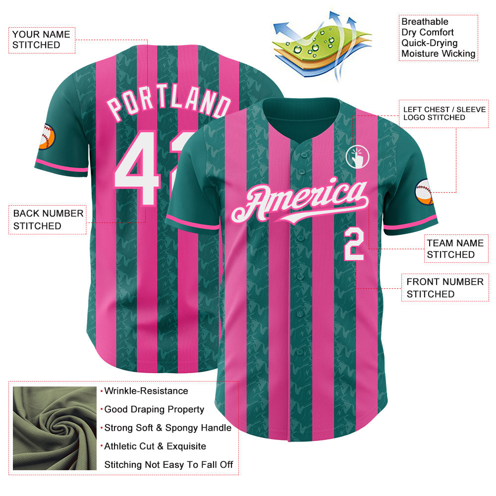 Custom Teal White-Pink Classic Vertical Stripe Fluid Liquid Texture Authentic Baseball Jersey view 3