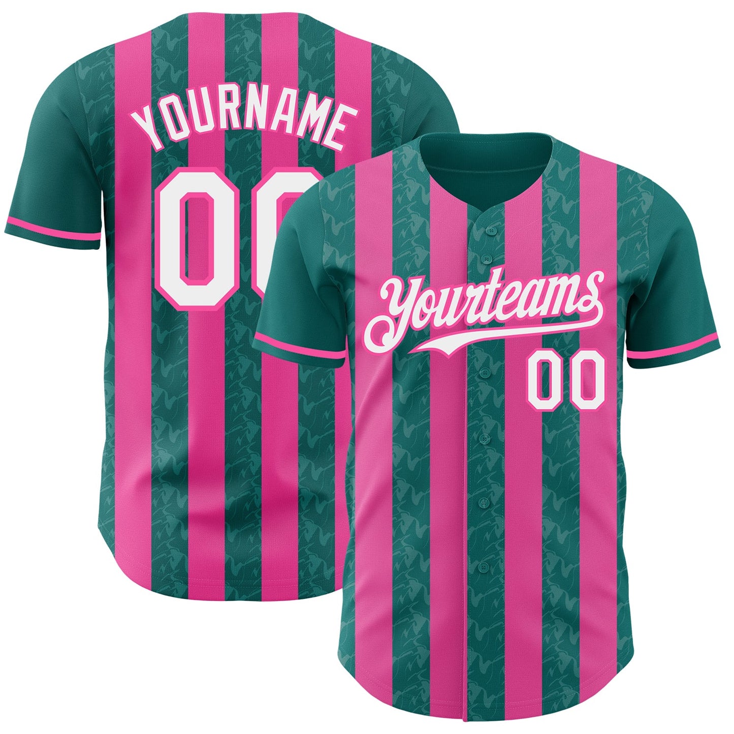 Custom Teal White-Pink Classic Vertical Stripe Fluid Liquid Texture Authentic Baseball Jersey - Main View