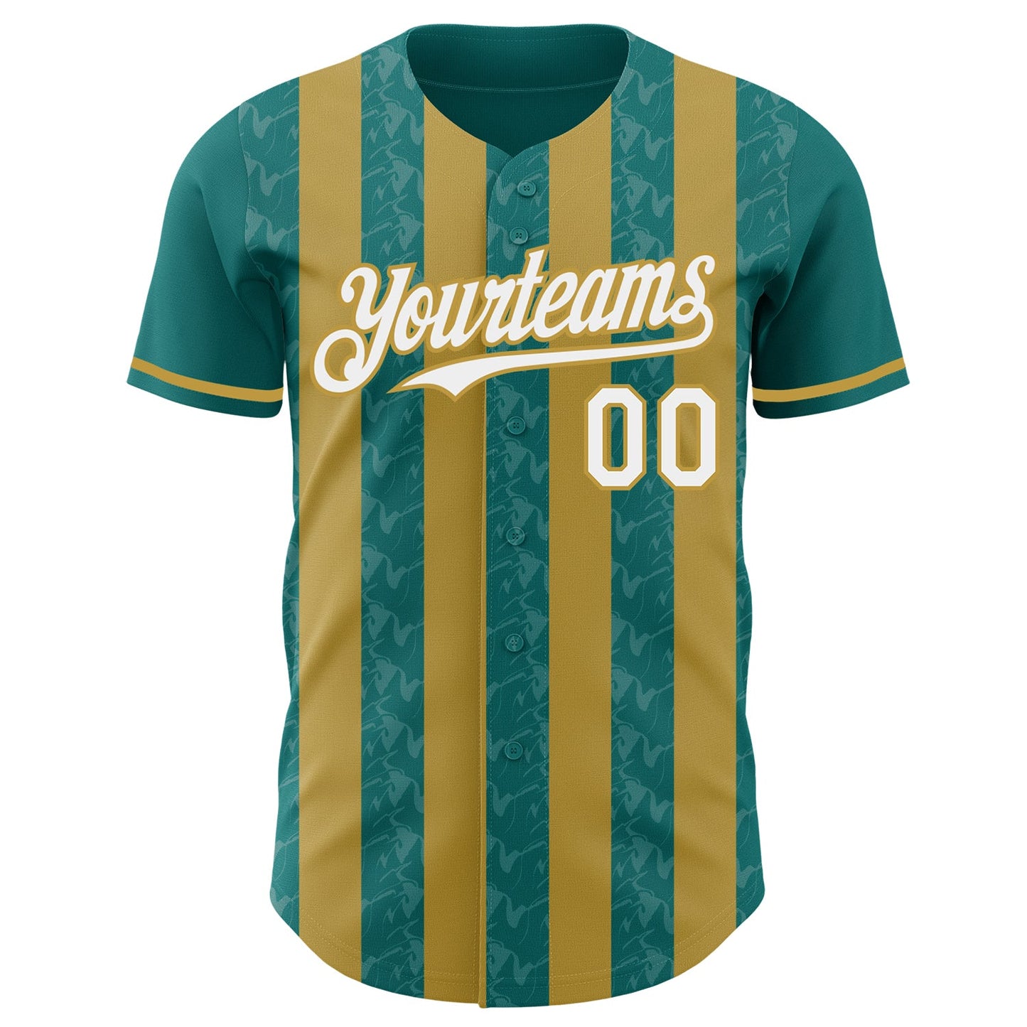 Custom Teal White-Old Gold Classic Vertical Stripe Fluid Liquid Texture Authentic Baseball Jersey view 2