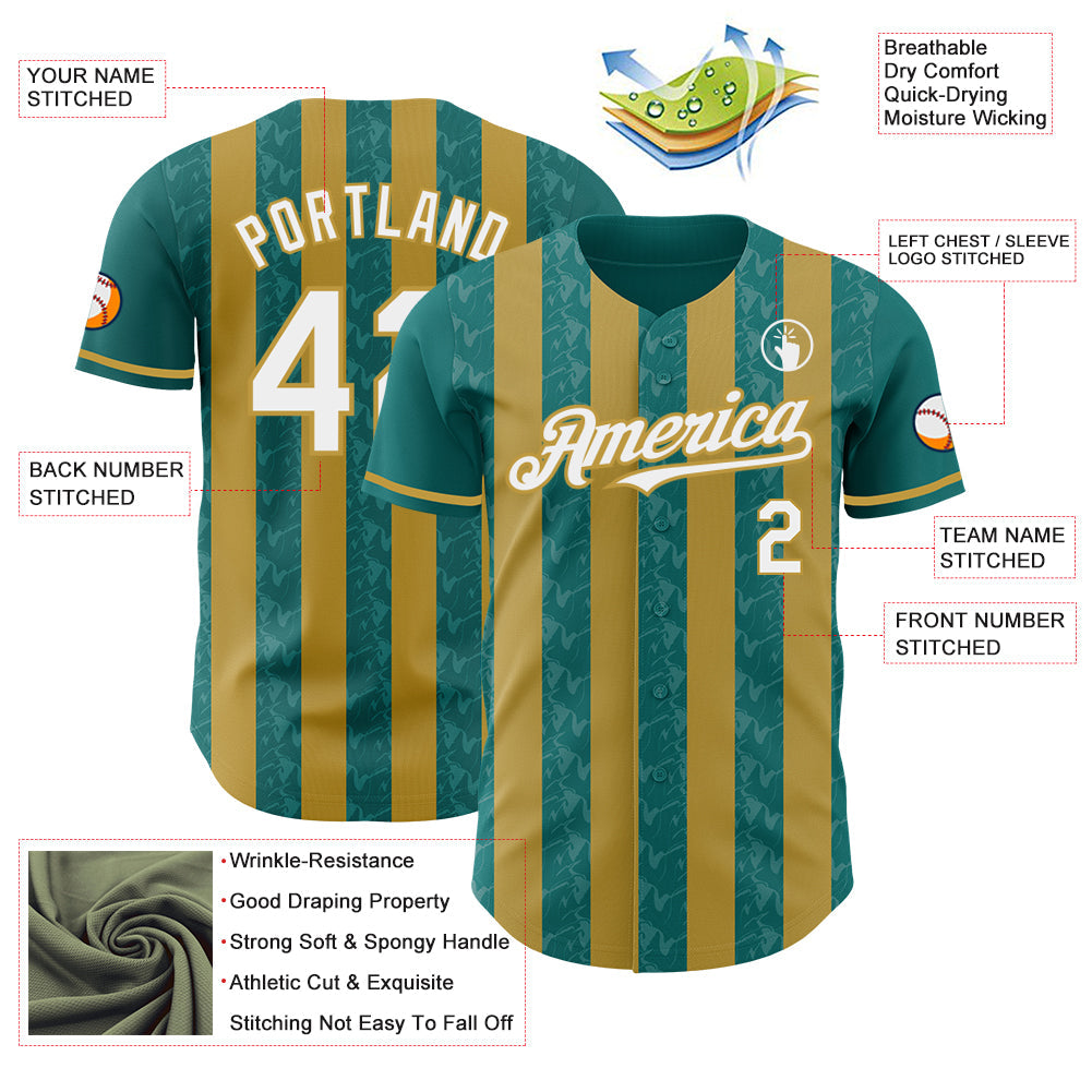 Custom Teal White-Old Gold Classic Vertical Stripe Fluid Liquid Texture Authentic Baseball Jersey view 3