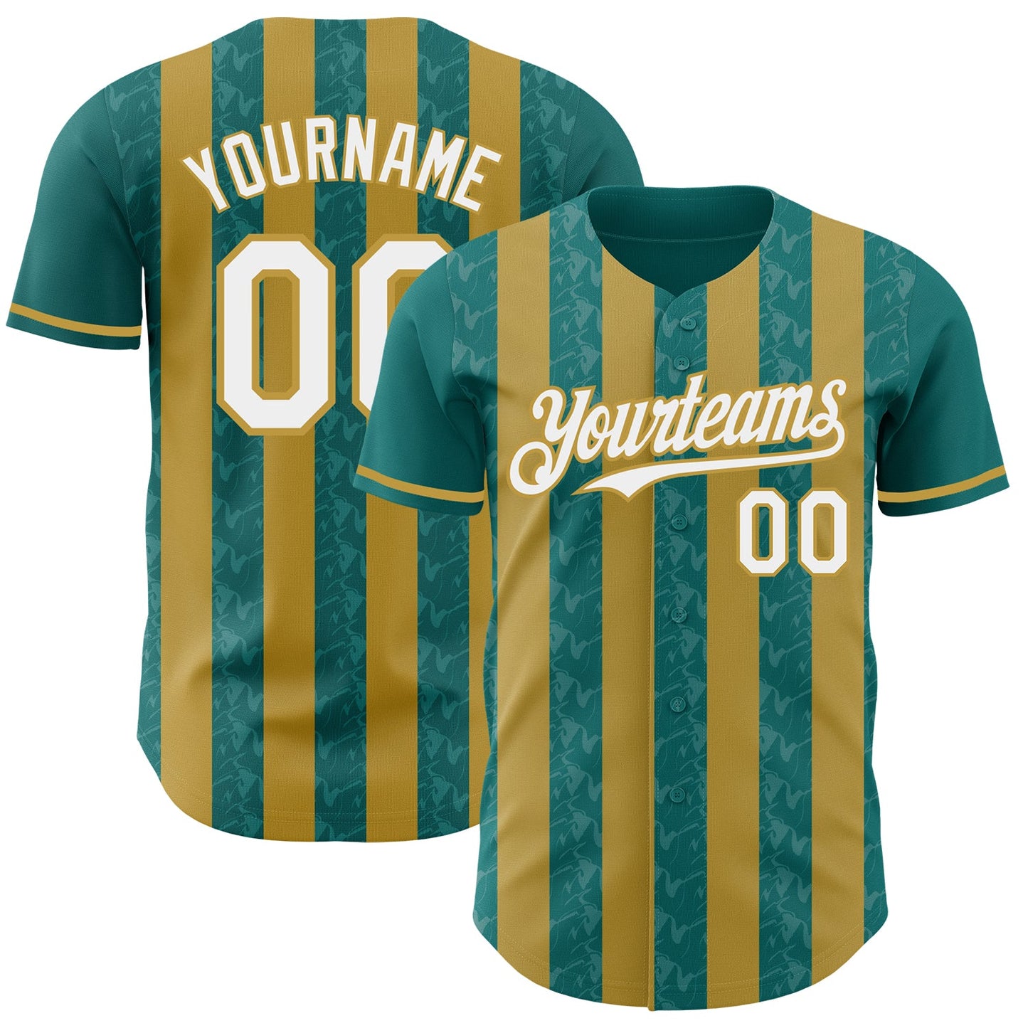 Custom Teal White-Old Gold Classic Vertical Stripe Fluid Liquid Texture Authentic Baseball Jersey - Main View