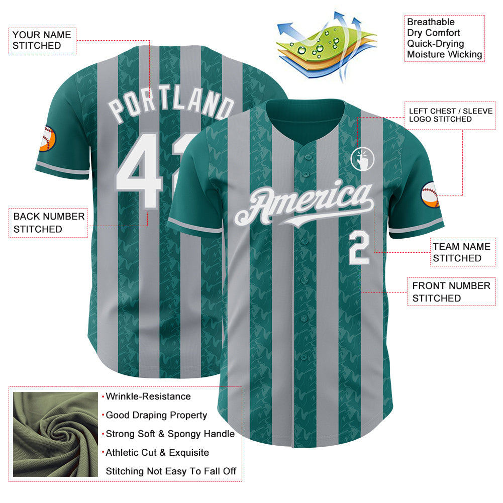 Custom Teal White-Gray Classic Vertical Stripe Fluid Liquid Texture Authentic Baseball Jersey view 3