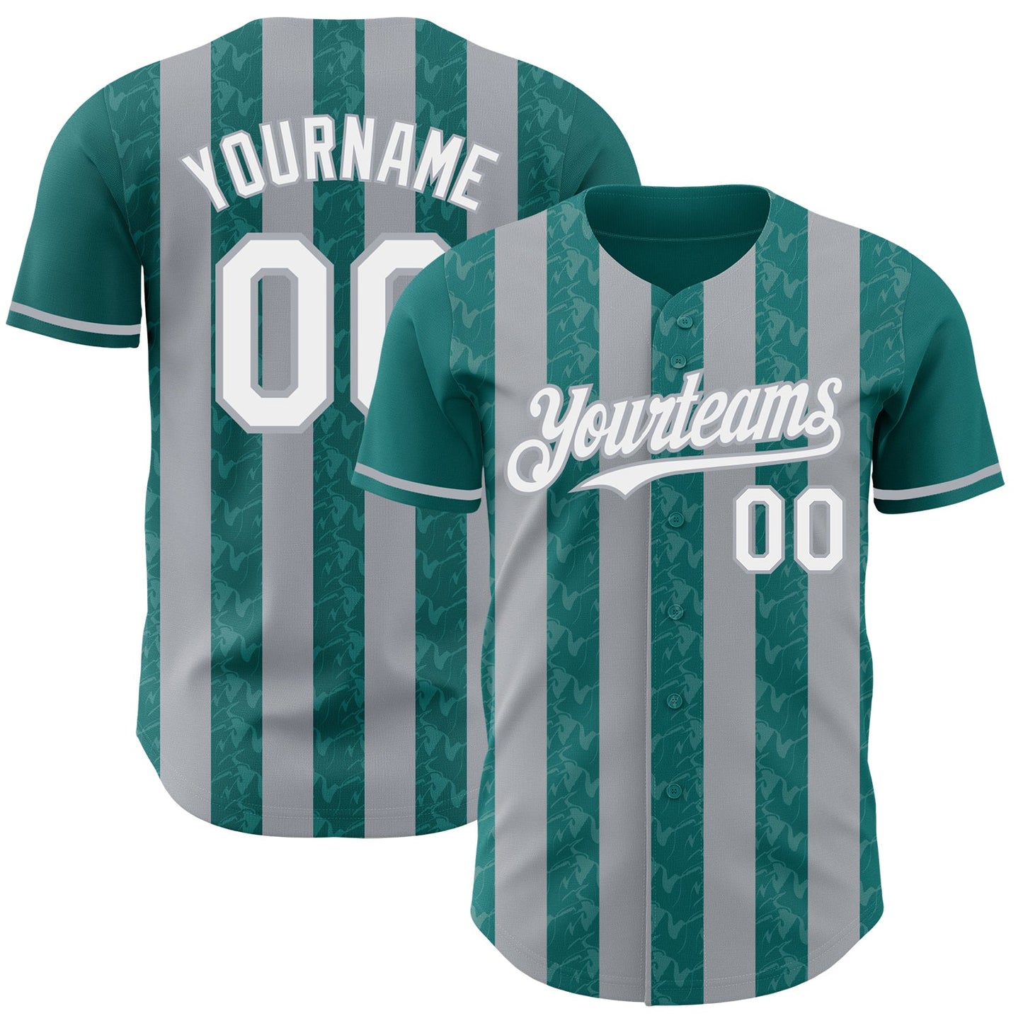 Custom Teal White-Gray Classic Vertical Stripe Fluid Liquid Texture Authentic Baseball Jersey - Main View
