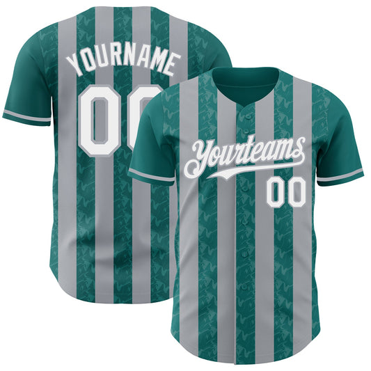 Custom Teal White-Gray Classic Vertical Stripe Fluid Liquid Texture Authentic Baseball Jersey - Main View
