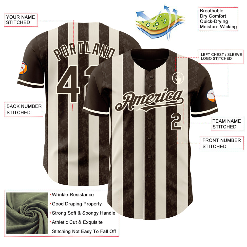 Custom Brown Cream-Cream Classic Vertical Stripe Fluid Liquid Texture Authentic Baseball Jersey view 3