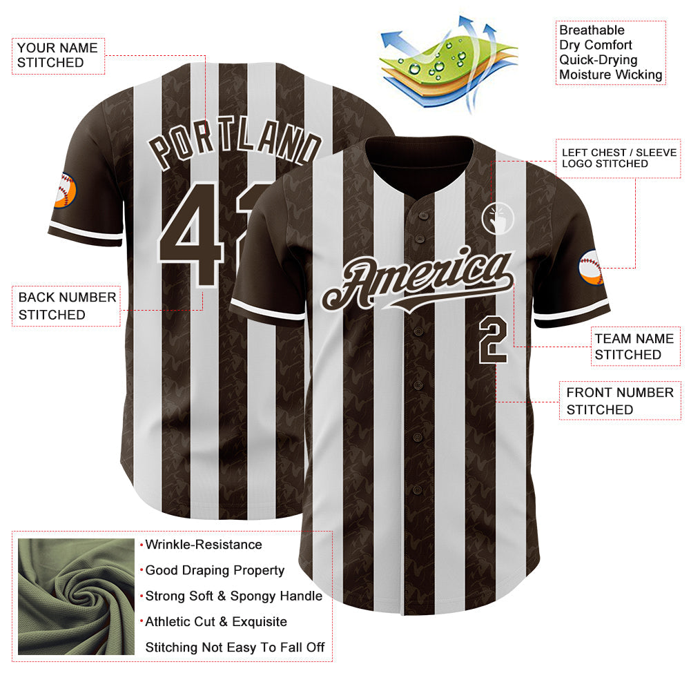 Custom Brown-White Classic Vertical Stripe Fluid Liquid Texture Authentic Baseball Jersey view 3