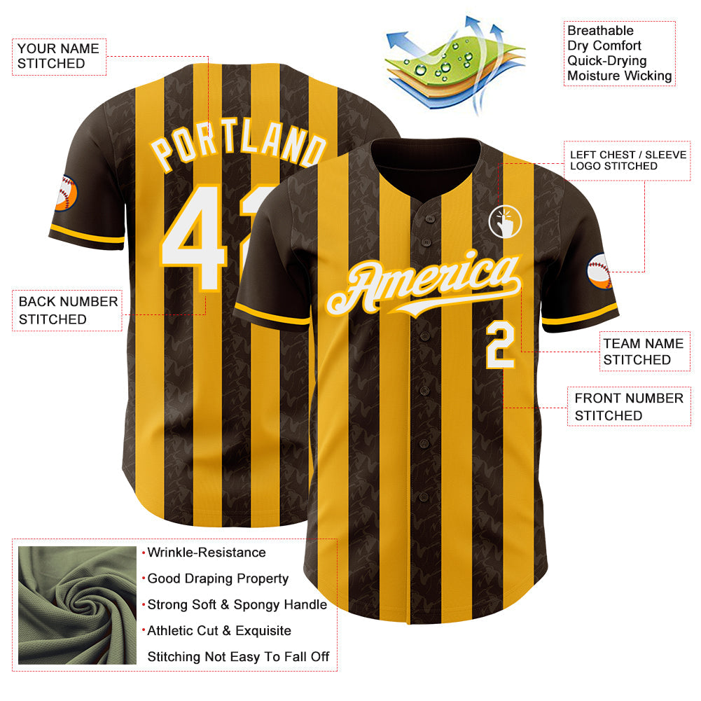 Custom Brown White-Gold Classic Vertical Stripe Fluid Liquid Texture Authentic Baseball Jersey view 3