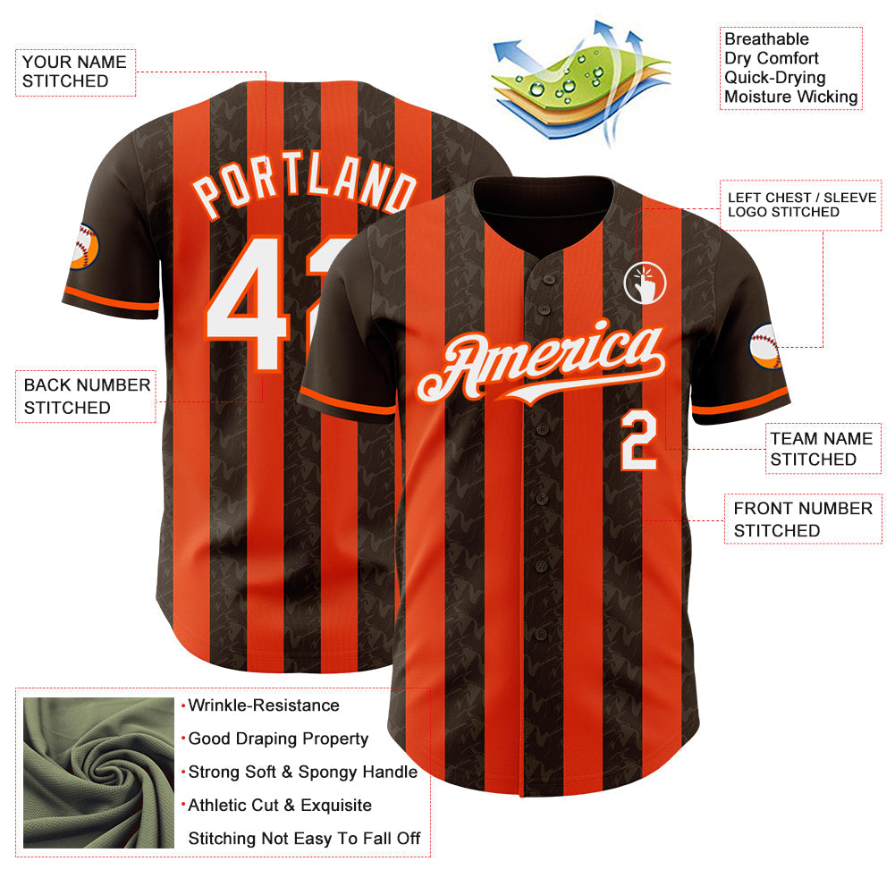 Custom Brown White-Orange Classic Vertical Stripe Fluid Liquid Texture Authentic Baseball Jersey view 3