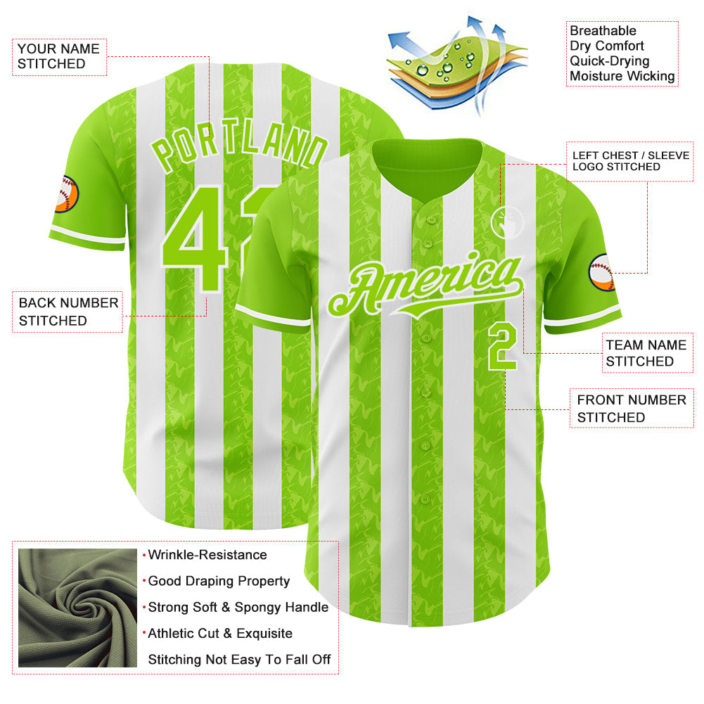 Custom Neon Green-White Classic Vertical Stripe Fluid Liquid Texture Authentic Baseball Jersey view 3