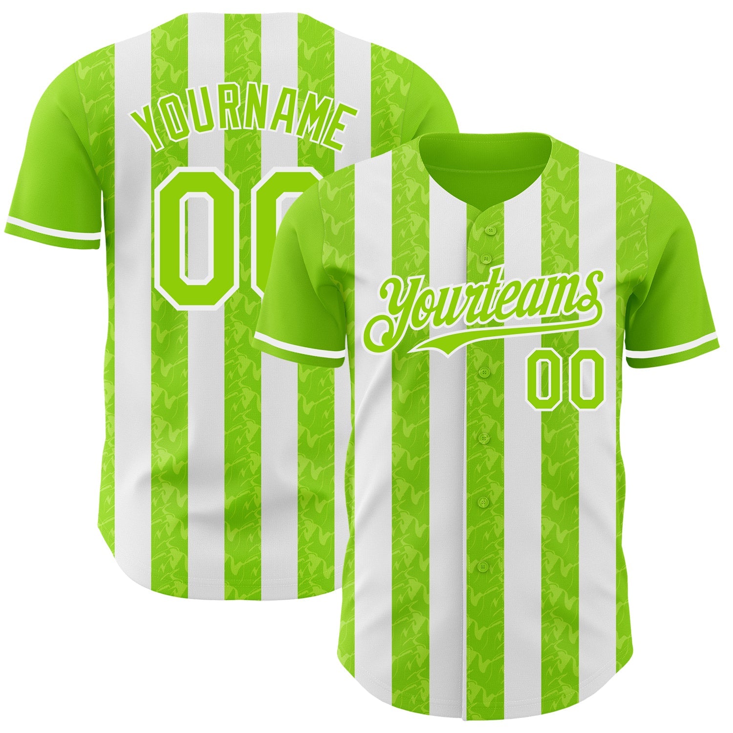 Custom Neon Green-White Classic Vertical Stripe Fluid Liquid Texture Authentic Baseball Jersey - Main View