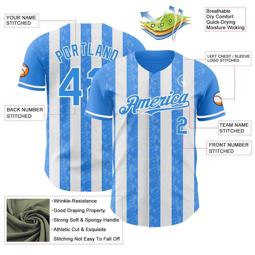 Custom Electric Blue-White Classic Vertical Stripe Fluid Liquid Texture Authentic Baseball Jersey view 3