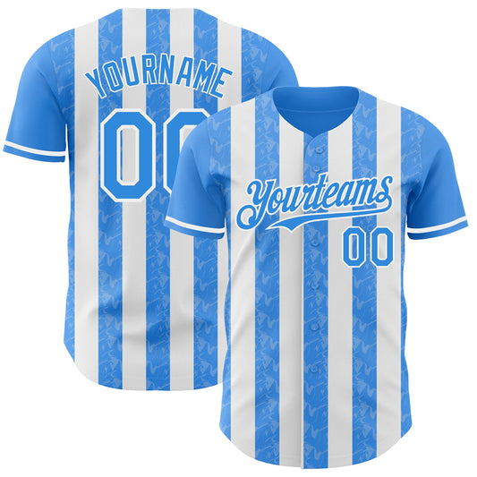 Custom Electric Blue-White Classic Vertical Stripe Fluid Liquid Texture Authentic Baseball Jersey - Main View
