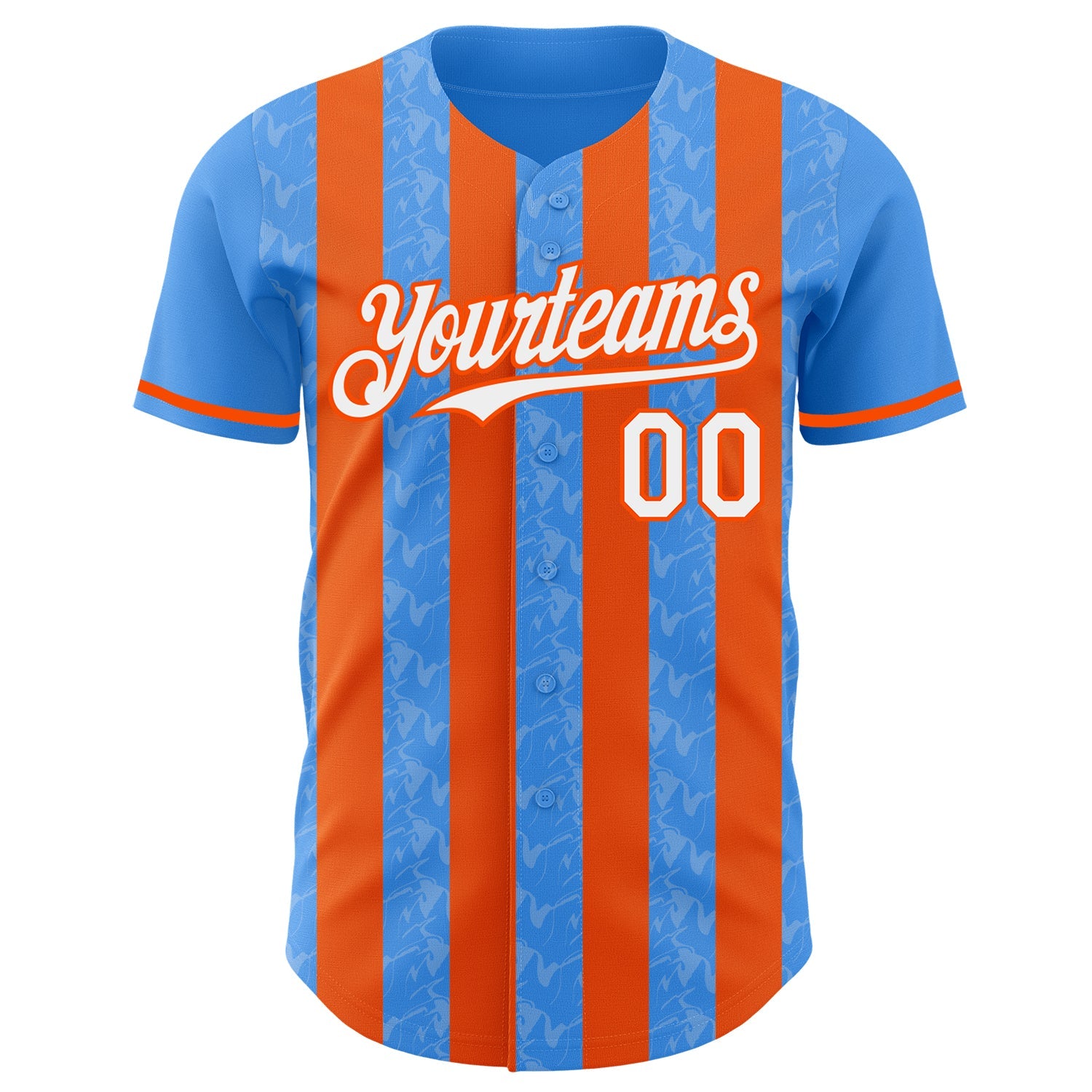 Custom Electric Blue White-Orange Classic Vertical Stripe Fluid Liquid Texture Authentic Baseball Jersey view 2